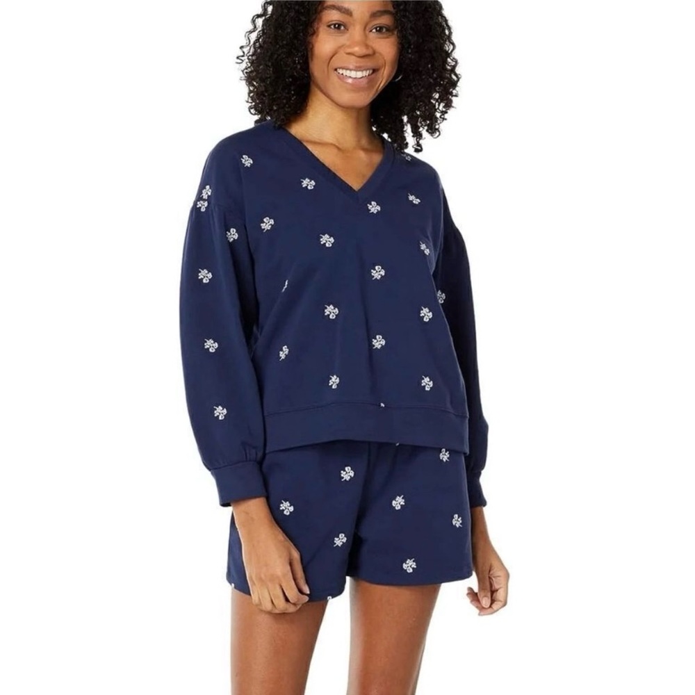 Draper James Navy Blue Sweatshirt with White Floral Accents